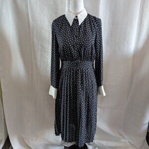 Zara Polka Dot Pleated Dress Navy Blue White Collar Cuffs Size Small Retro